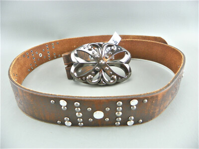 Womens Small BKE Distressed Genuine Leather Embellished Rhinestone Studded Belt 