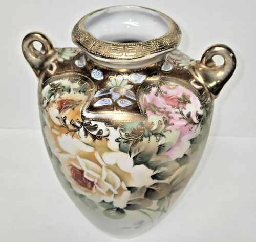 Antique Nippon Porcelain Gold Encrusted Beaded Vase with Roses Moriage Morimura - Picture 3 of 15