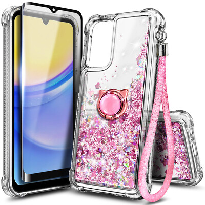 For Samsung Galaxy A15 5G/4G Bling Glitter Phone Case + Tempered Glass & Lanyard