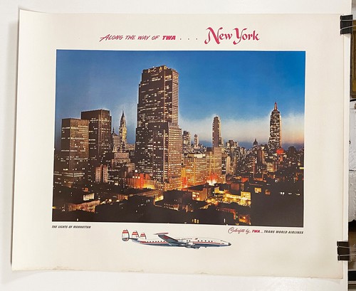 Original TWA 1950s New York Travel Poster, Constellation image Manhattan Skyline