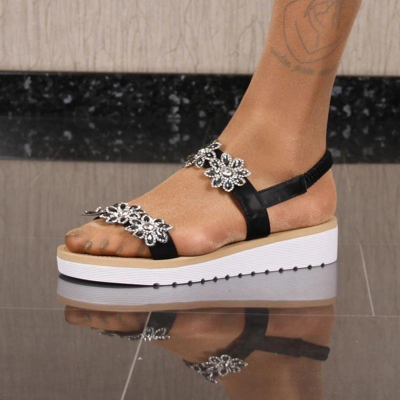 Flache Damen Sandalen mit Strasssteinen Schwarz #JBX-1 - Bild 3 von 4