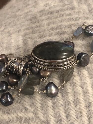 Sterling silver 925 labradorite and river pearl pendant necklace 42 grams - Picture 9 of 12