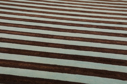 Tibetan Wool & Silk Stripes 8' x 10' Hand Knotted Area Rug Brown Seafoam - Picture 3 of 7