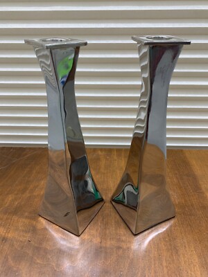 Michael Aram Silver Tall Twisted Modern Candlesticks Signed