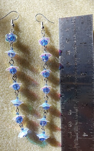 Baby blue crystal and flower bead super sparkly 10cm long dangle drop earrings - Picture 3 of 3