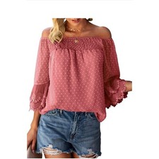 Swiss Dot Pink Off Shoulder with Bell Sleeves Blouse Medium