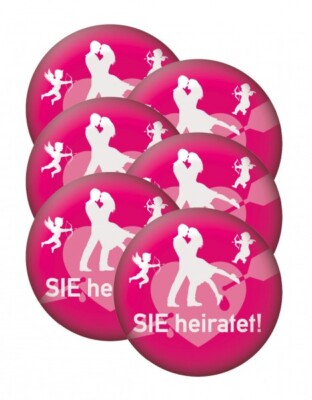 6er SET Ansteck Button Ø 5,6 cm Ansteckpin ''Heiraten'' Party Spaß Pin Partybutton