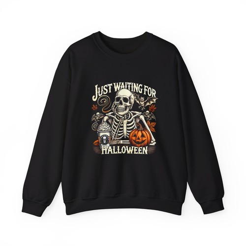 Just Waiting for Halloween Skeleton Sweatshirt Pumpkin & Bats Halloween Sweater - Picture 2 of 13