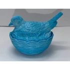 Hazel Atlas Blue Milk Glass Hen on Nest Candy Dish Vintage Turquoise Bird Basket