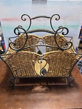 Vintage Antique Reed And Metal Magazine Rack