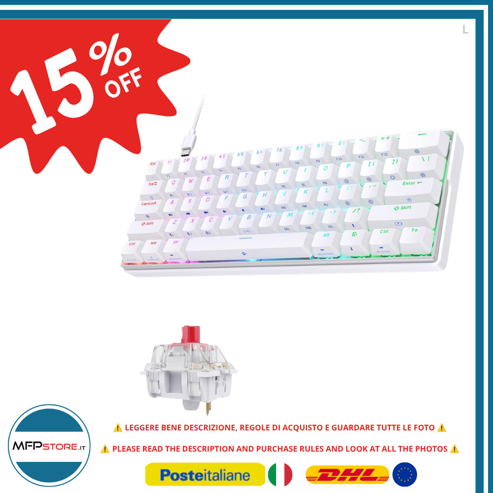 Tastiera Gaming Meccanica 60% Kemove Snowfox DK61, RGB USB-C e USB - bianco