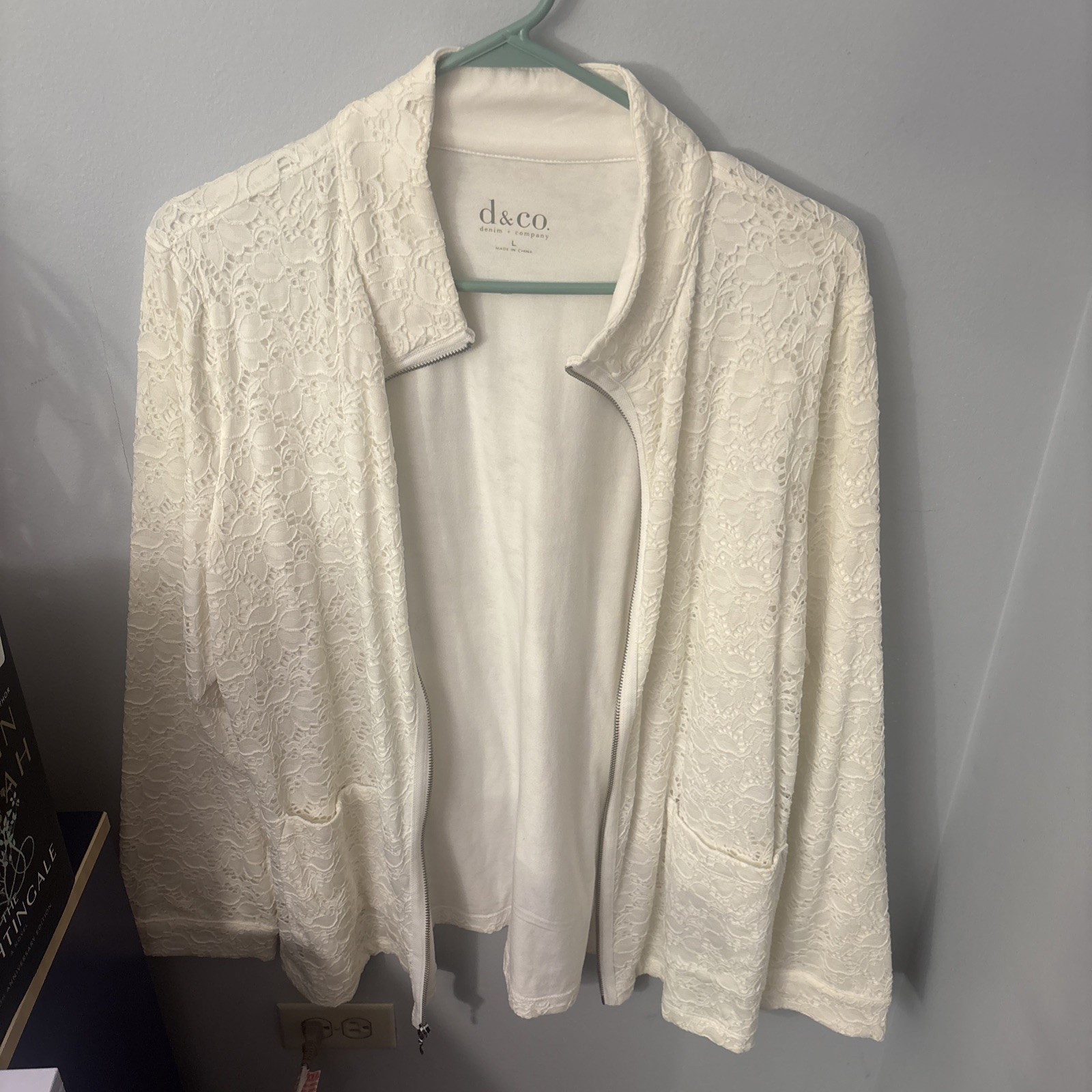 QVC Denim & Co. Long Sleeve Lace Zip Front Jacket Lilac Lined Purple Size L (K)