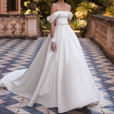 Satin Wedding Dresses with Bow Belt A-Line Floor Length Backless Bridal Gowns