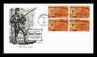 DR JIM STAMPS US COVER DANIEL BOONE AMERICAN FOLKLORE FDC BLOCK OF 4 ARTMASTER