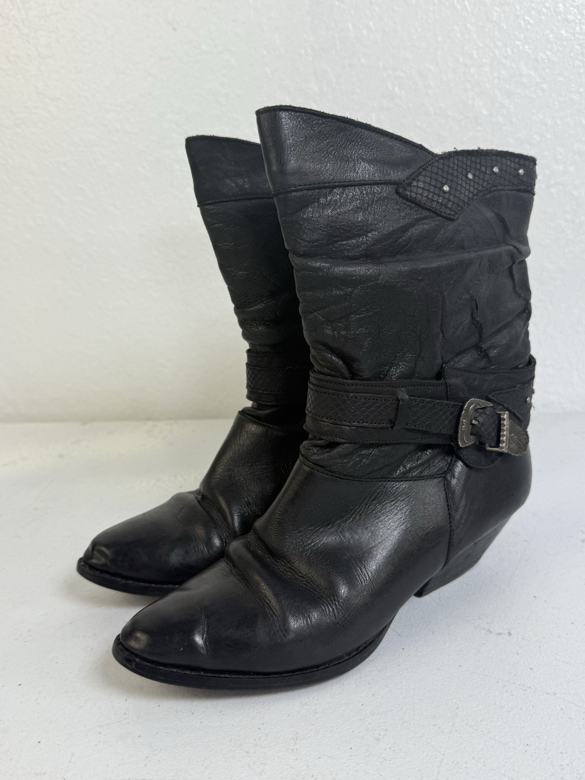 Womens 7.5 Western Cowboy Cowgirl Vintage Black Leather Classic Boots Rock Goth