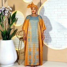 Women Loose Embroidered African Dashiki Dress Long Robe With Headscarf Daily