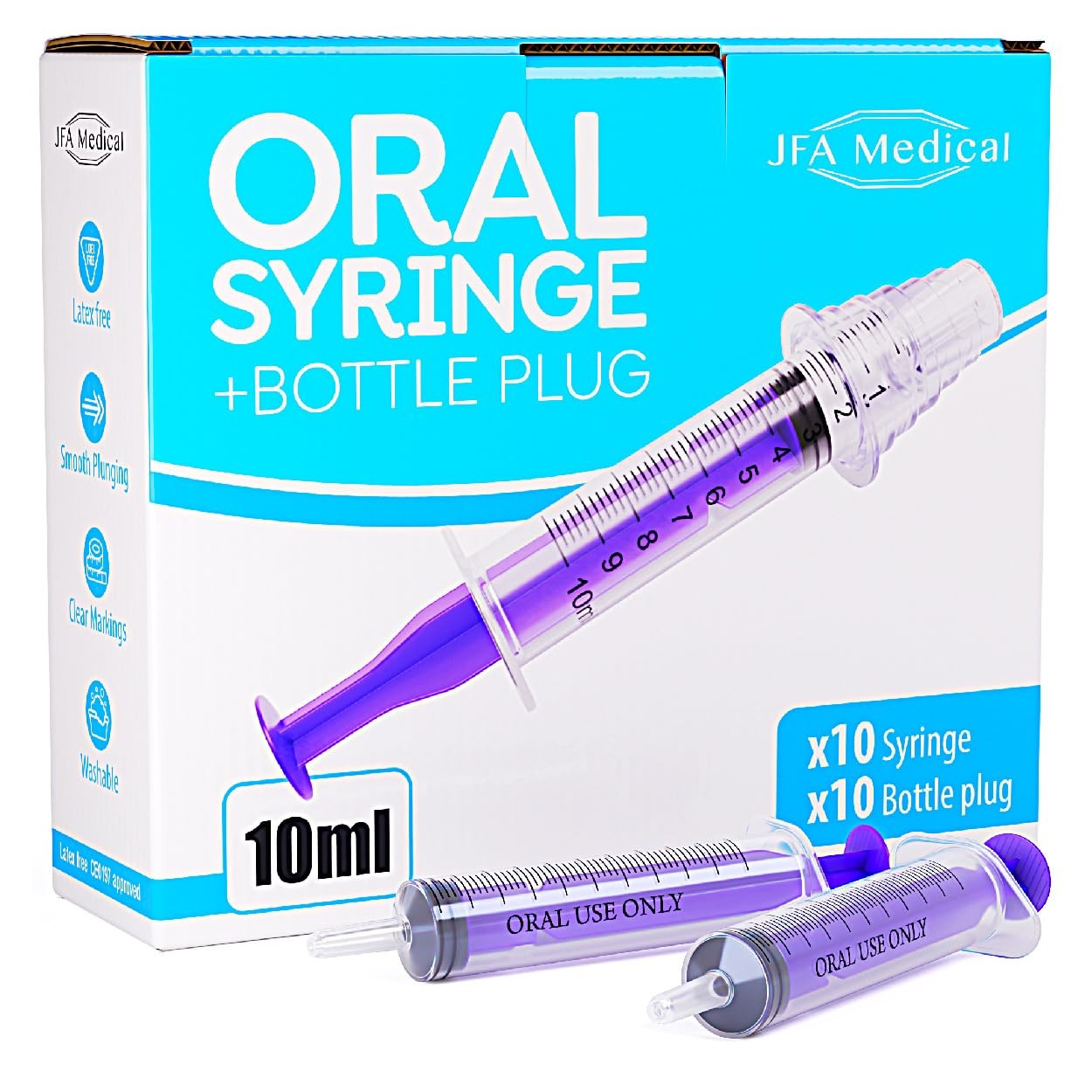 10ml Oral Medicine Syringe and Bottle Plug, Box of 10 - Suitable for Clear