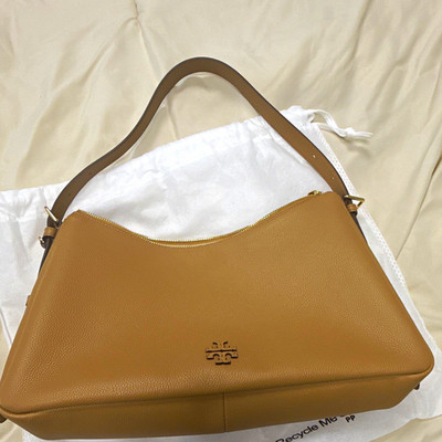 Tory Burch Tan Small Crescent Shoulder Bag Zip Adjustable Strap Pockets Dust