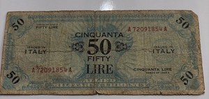 Italy 50 Lira 1943A Series Allied Military Currency: Very Worn