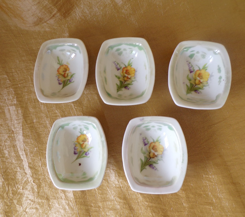 5 Antique Three Crown China Germany Salt Cellars Dips Yellow Flowers Rectangle - Picture 2 of 20