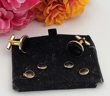 Vintage Gold Tone Black Enamel Tuxedo Cufflinks And Studs Set Formal Wear