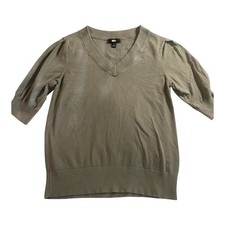 DKNY Ladies Puff Sleeve V-Neck Sweater Subtle Pleating on Shoulder Sage Size S