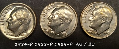 1984-P 1988-P 1989-P Roosevelt Dime AU/BU 3 COINS LO SHIP
