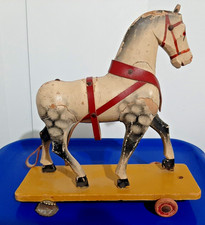 Antique Wooden Pull Toy HORSE on Platform With Wheels - 12"
