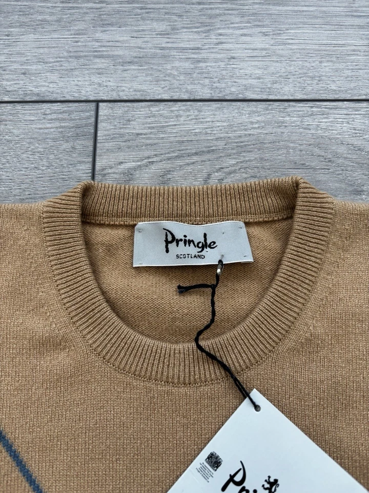 Pringle Scotland 100% Cashmere Jumper Men’s Size S Camel Beige Argyle Knit Golf - Image 3 of 4