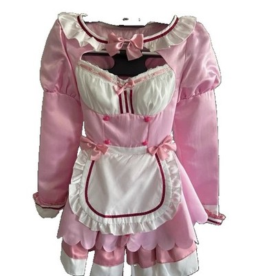 NWT So Cute UWOWO Pink/White Satin Maid Cosplay Dress, Lace-Up & Lace, Size S