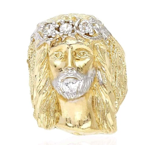 Solid 10K Gold Yellow CZ Jesus Head Mens Ring - Picture 3 of 5