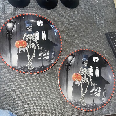 222 Fifth Bicycle Dapper Skeleton Set Of 8” Halloween Plate