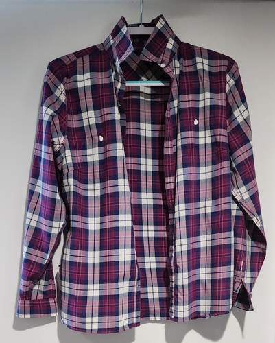 Camisa con botones a cuadros de algodón y lana LL Bean para mujer azul púrpura manga larga talla M - Imagen 4 de 11