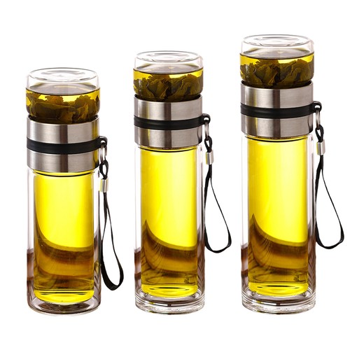 Portable Double Wall Insulated Glass Tea Infuser Travel Tumbler Water Bottle