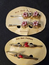 Lovely Vtg RETRO Pink/Fushia Rhinestone/Pearl Hair Pins Gold Tone New Old Stock