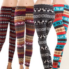 Women Thick Warm Winter Knit Snowflake Leggings Xmas Tight Fleece Stretch Pants