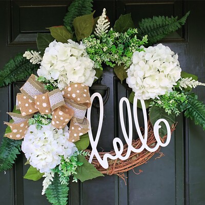 Hydrangea Hello Burlap Bow Eucalyptus Farmhouse Rustic Grapevine Door Wreath