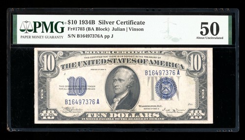 DBR 1934-B $10 Silver Vinson Fr. 1703 PMG AU-50 Serial B16497376A - Picture 1 of 2