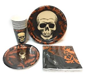 Skull-Spider-Spiderweb-Party-Pack-Dinner-Plates-Lunch-Napkins-Cups-Copper-Foil