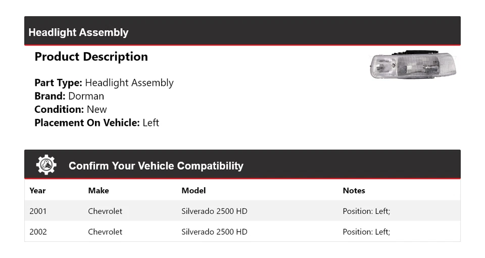 Conjunto de faros izquierdo para Chevrolet Silverado 2500 HD 2001-2002 Dorman Foto 2 de 4