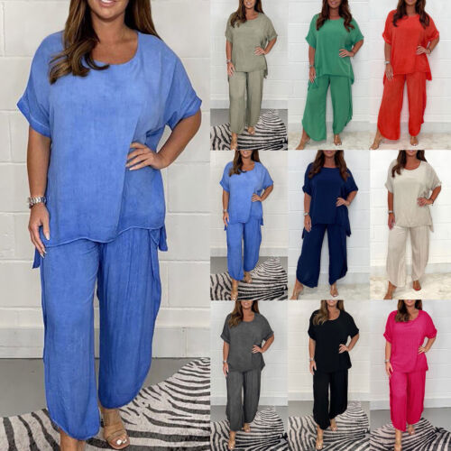 Women Two Piece Outfits Loose Cotton Linen Short Sleeves Tops and Wide Leg Pants