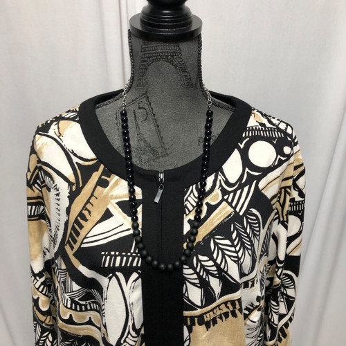 Alfred Dunner Cardigan Womens Size 24W Abstract Black Beige Zippered Sweater - Picture 2 of 7