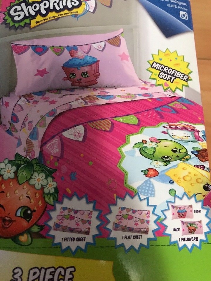 SHOPKINS Kids 3-Piece Twin Sheet Set Fitted & Flat Sheets + Pillowcase ...