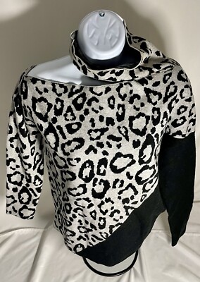 Venus Black Gray Leopard Print Off Shoulder Turtleneck Sweater Shirt Size S
