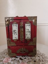 Vintage Chinese Wood & Brass Miniature Cabinet Style Jewellery / Trinket Box