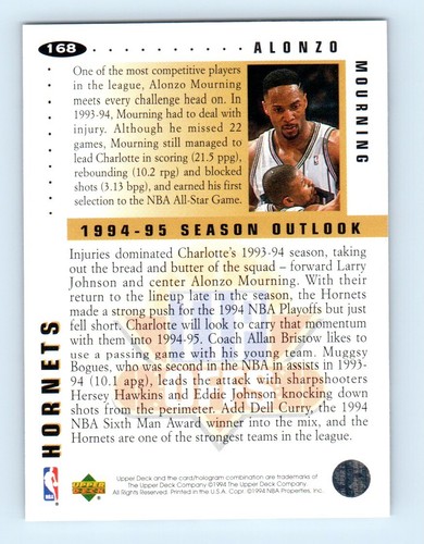 1994-95 Collector's Choice Alonzo Mourning Charlotte Hornets #168 - Picture 2 of 2