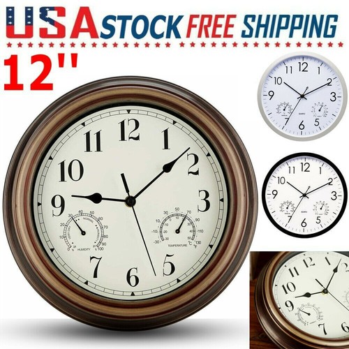 12'' Large Wall Clock Thermometer Hygrometer Silent Quartz Indoor Outdoor Home eBay