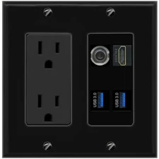 3.5mm HD 2 USB-3 Port Wall Plate Black w Power Outlet