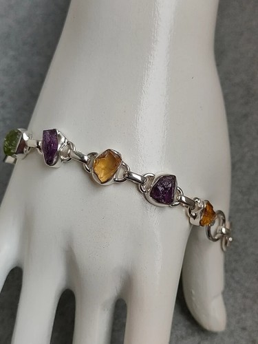 Natural Rough Amethyst Citrine Peridot Aquamarine 925 Sterling Silver Bracelet - Picture 7 of 11