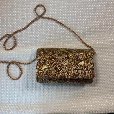 La Regale Gold Bronze Peacock Brocade Evening Clutch Beaded Strap Bag - Image 1 of 4